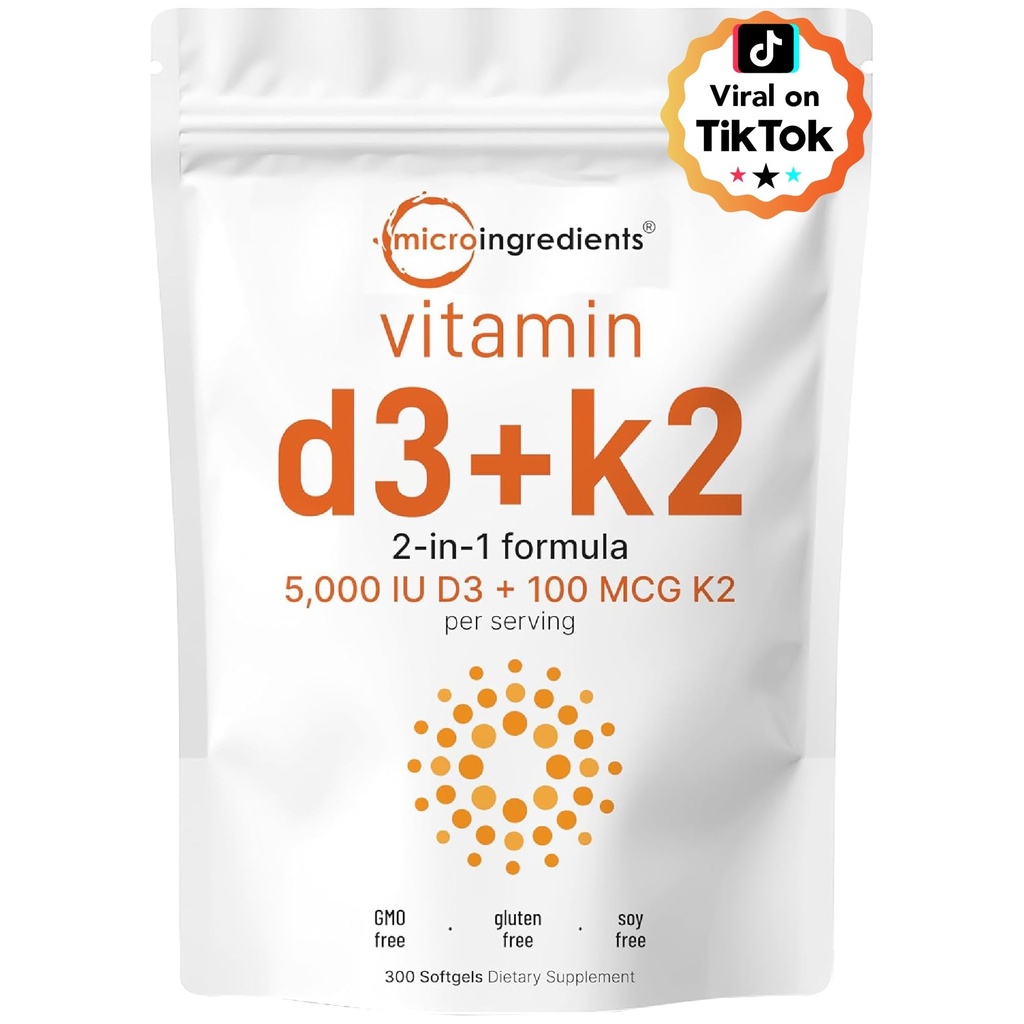 Micro Ingredients Vitamin D3 5 000 IE + K2 MK-7 100 mcg, 300 Softgels | 2-i-1 Vitaminer D & K Complex | Extra Styrka, Lätt att Svälja, Icke-GMO, Gluten Free