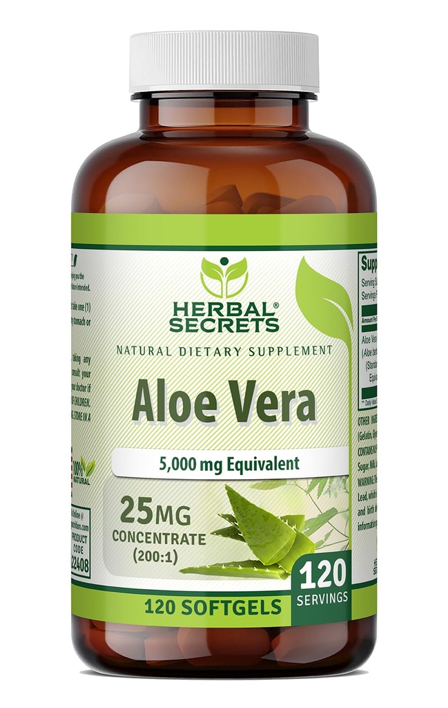 Herbal Secrets Aloe Vera 25 Mg Concentrate 200:1 | 5000 Mg Equivalent | 120 Softgels | Icke-GMO | Glutenfri | Made in USA
