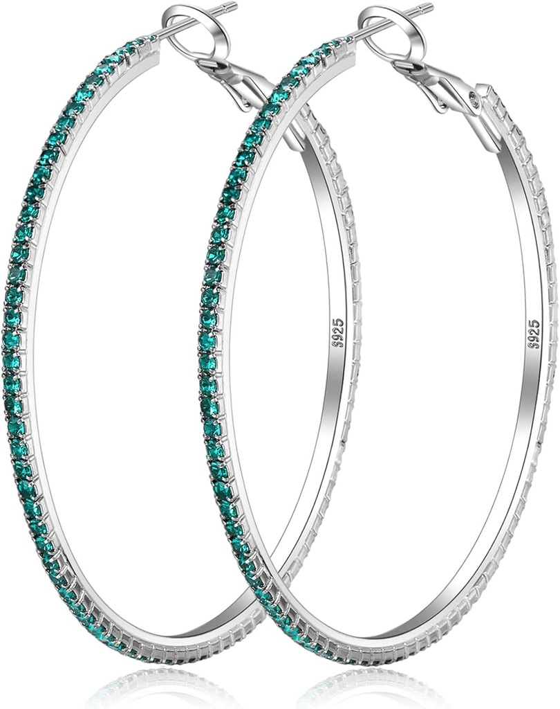 925 Sterling Silver Earrings Large Rhinestone Hoop Earrings Big Cubic Zirconia Hoop Earrings Thin Rhinestones Round Hoop Earrings för kvinnor 20/30/40/50/60/70mm Sparkly Hoops med kristaller för kvinnor