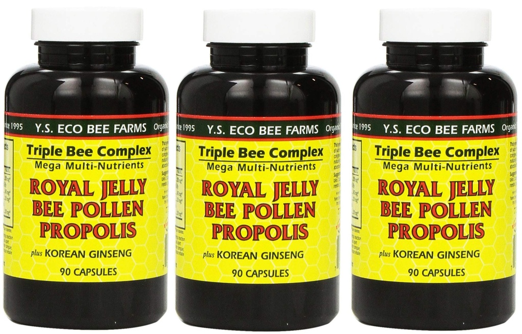 Y.S. Eco Bee Farms, (3 Pack) Royal Jelly, Bee Pollen, Propolis, Plus Korean Ginseng, 90 kapslar