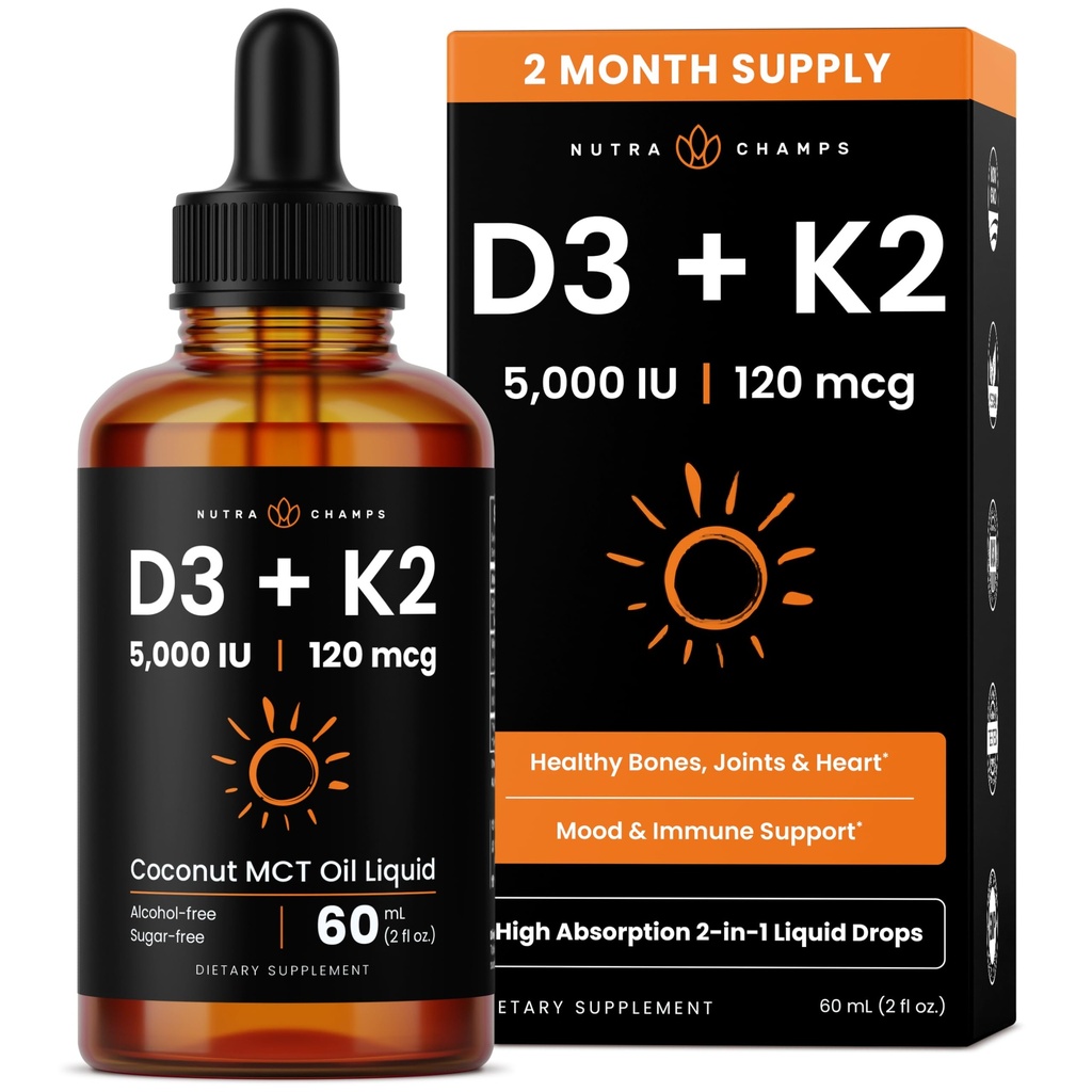 NutraChamps Vitamin D3 K2 droppar, flytande vitamin D3 5000 IE & K2 D3 med MK7, vitamin D droppar för barn, ben, hjärta och immun hälsa, flytande vitamin D i MCT Oil för bättre absorption
