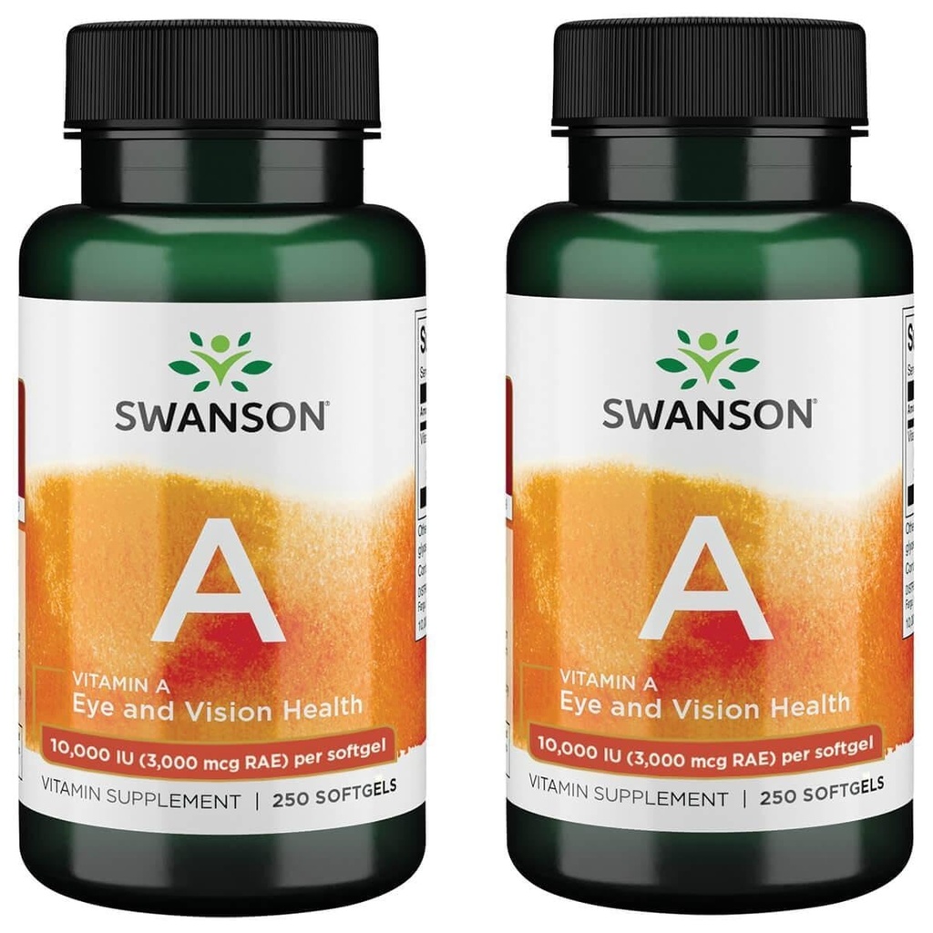 Swanson Vitamin A 10.000 IE (3.000 mcg RAE) Naturlig näring för ben, hudhälsa, Vision Support & immunsystemfunktion - Hög Absorption Vitamin A 250 Softgels (2 Pack)