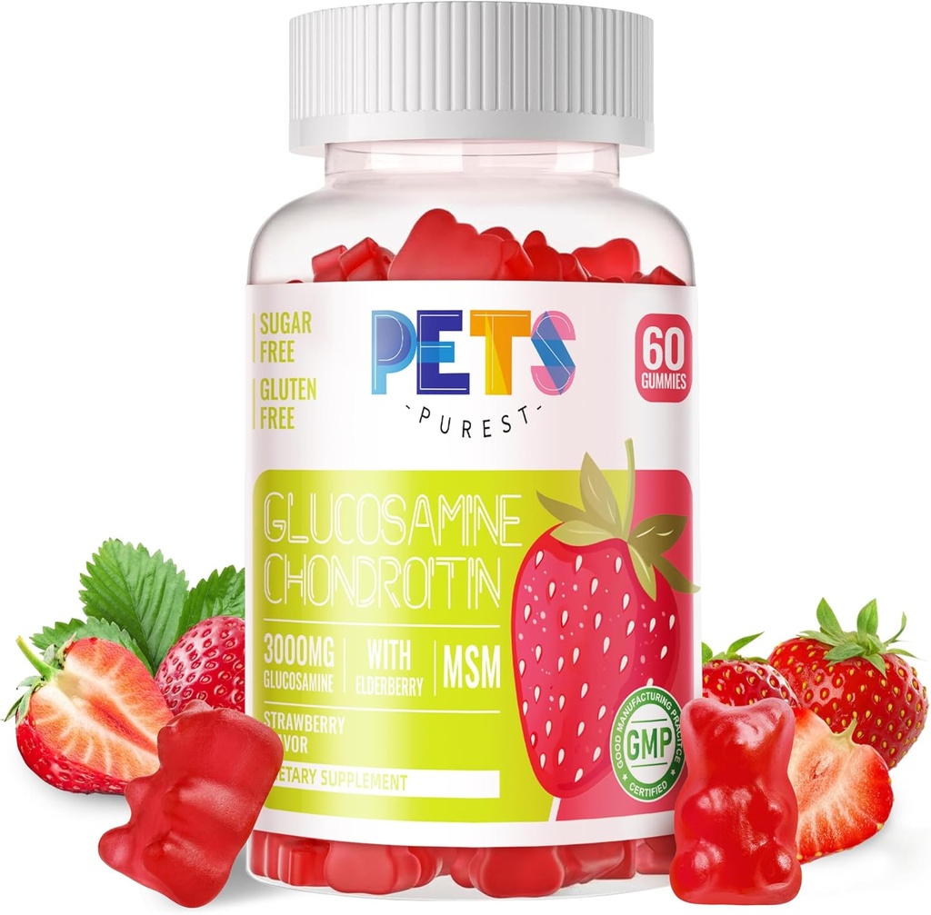 Husdjur Purest Glukosamin Chondroitin Gummies med MSM & Elderberry Extra Strength - Gemensamt stöd, Antioxidant Immune Support Supplement för vuxna, män och kvinnor. Strawberry