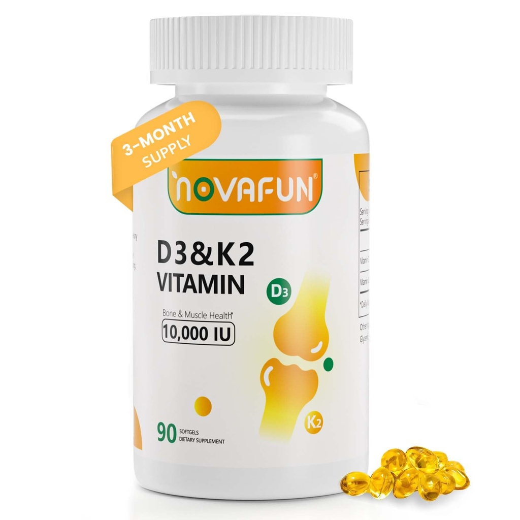 D3-K2-Vitamin-10000 IE | K2-D3-Vitamin-Supplement | med kokosolja för ben, tänder hälsa, stödmuskel och hjärthälsa, 90 Softgels
