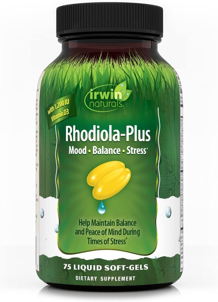 Irwin Naturals Rhodiola-Plus - 75 Liquid Soft-Gels - hjälper till att upprätthålla balans och sinnesfrid - med L-Theanin, vitamin D3 & Magnesium - 25 portioner