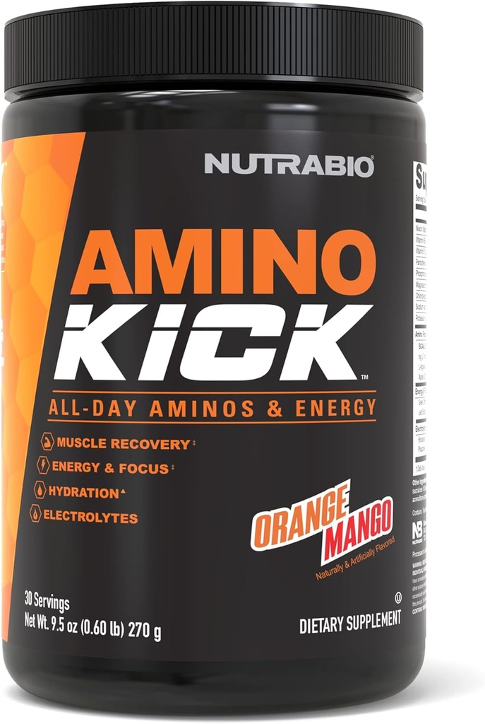 NutraBio Amino Kick - BCAA Powder med naturkoffein - Aminosyror Supplement för energi, Hydration & Recovery - BCAAs, Electrolytes & Aminosyror - Orange Mango, 30 portioner