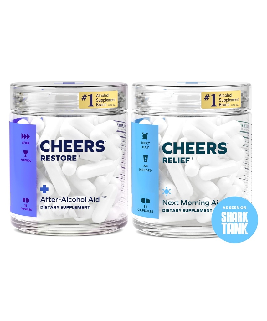 Cheers R&R Combo | Återställ + lättnad | Känn dig bättre efter att du har druckit och stöttat din lever | DHM, L-Cysteine, Milk Thistle, Ginger, White Willow Bark, Caffeine, L-Theanine | 12 Doser |