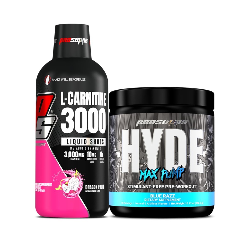 PROSUPPS L-Carnitine 3000 Stimulant Free Liquid Shots (31 portioner, Dragon Fruit) och Hyde Max Pump Pre Workout för män och kvinnor (20 portioner, Blue Razz) Bundle