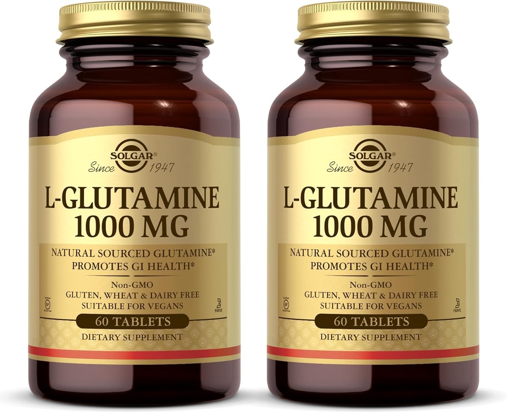 Solgar L-Glutamin 1000 mg, 60 tabletter (Pack of 2) - Natural Muscle Food - Främjar gastrointestinal (GI) Hälsa - Stöder hjärnhälsa - Non-GMO, Vegan, Gluten Free, Kosher - 60 Total Servings