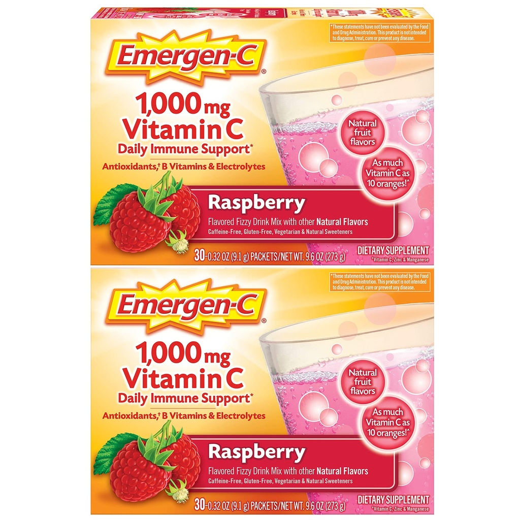 Emergen-C 1000mg Vitamin C-pulver, med antioxidanter, B-vitaminer och elektrolyter, vitamin C-tillskott för immunstöd, koffeinfri dryck Mix, hallon smak - 60 greve / 2 Månadsförsörjning