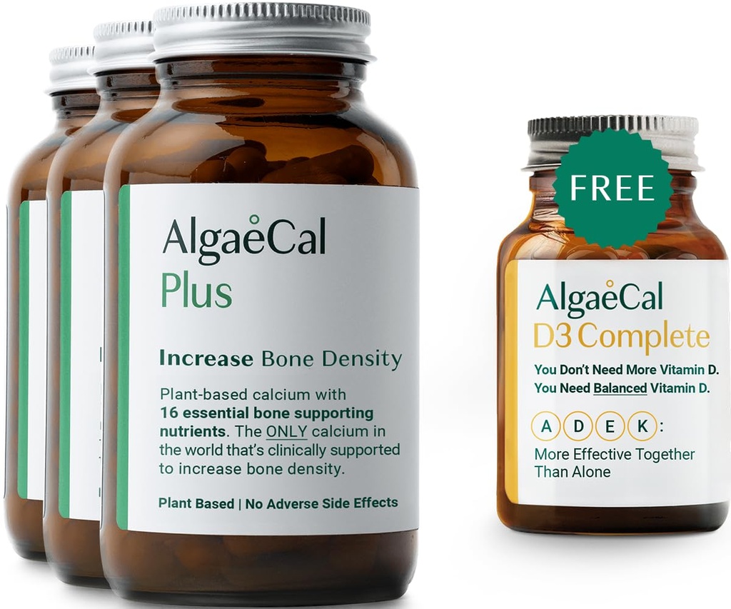 ALGAECAL Plus Bundle - Gratis 4-i-1 Vitamin D3 Complete & Red Algae Calcium med 16 benstödjande näringsämnen, kliniskt stöds för att öka bendensitet och öka immunsystemet