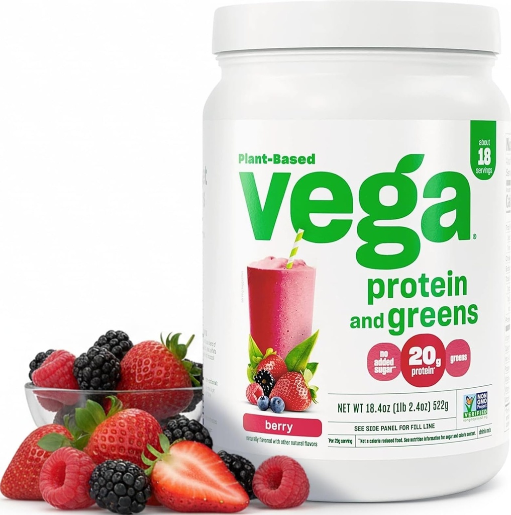 Vega Protein och Greens Protein Powder, Berry - 20g Plant Based Protein Plus Veggies, Vegan, Non GMO, Pea Protein för kvinnor och män, 1,2 lbs (Packaging May Vary)
