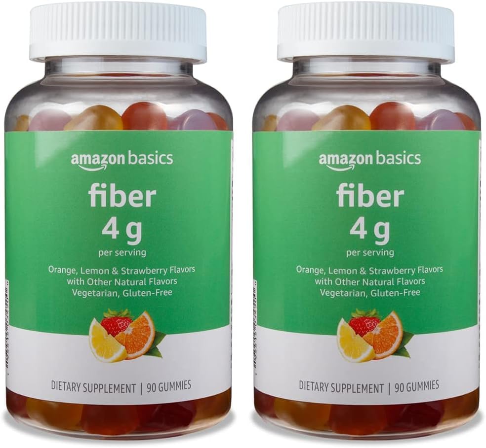 Grundläggande (tidigare Solimo Fiber 4g Gummy - Digestive Health, stöder regelbundenhet, apelsin, citron och jordgubbar, 90 Gummies (2 per portion) (Pack of 2)