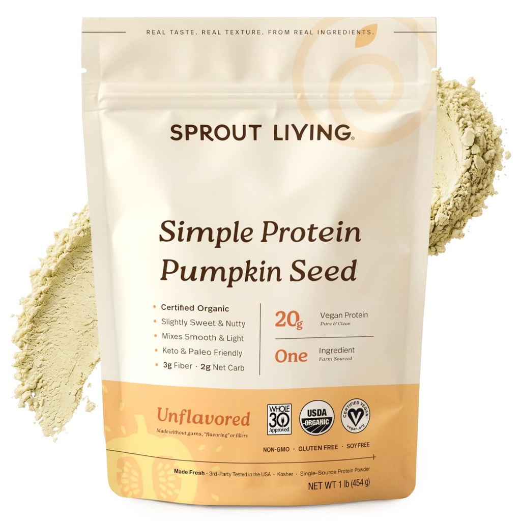 Sprout Living Organic Pumpkin Seed Protein Powder, Unflavored, 20 Grams of Plant Based Protein Powder Utan Artificial Sweeteners, Non Dairy, Non-GMO, Vegan, Gluten Free (1 Pound, 15 Servings)
