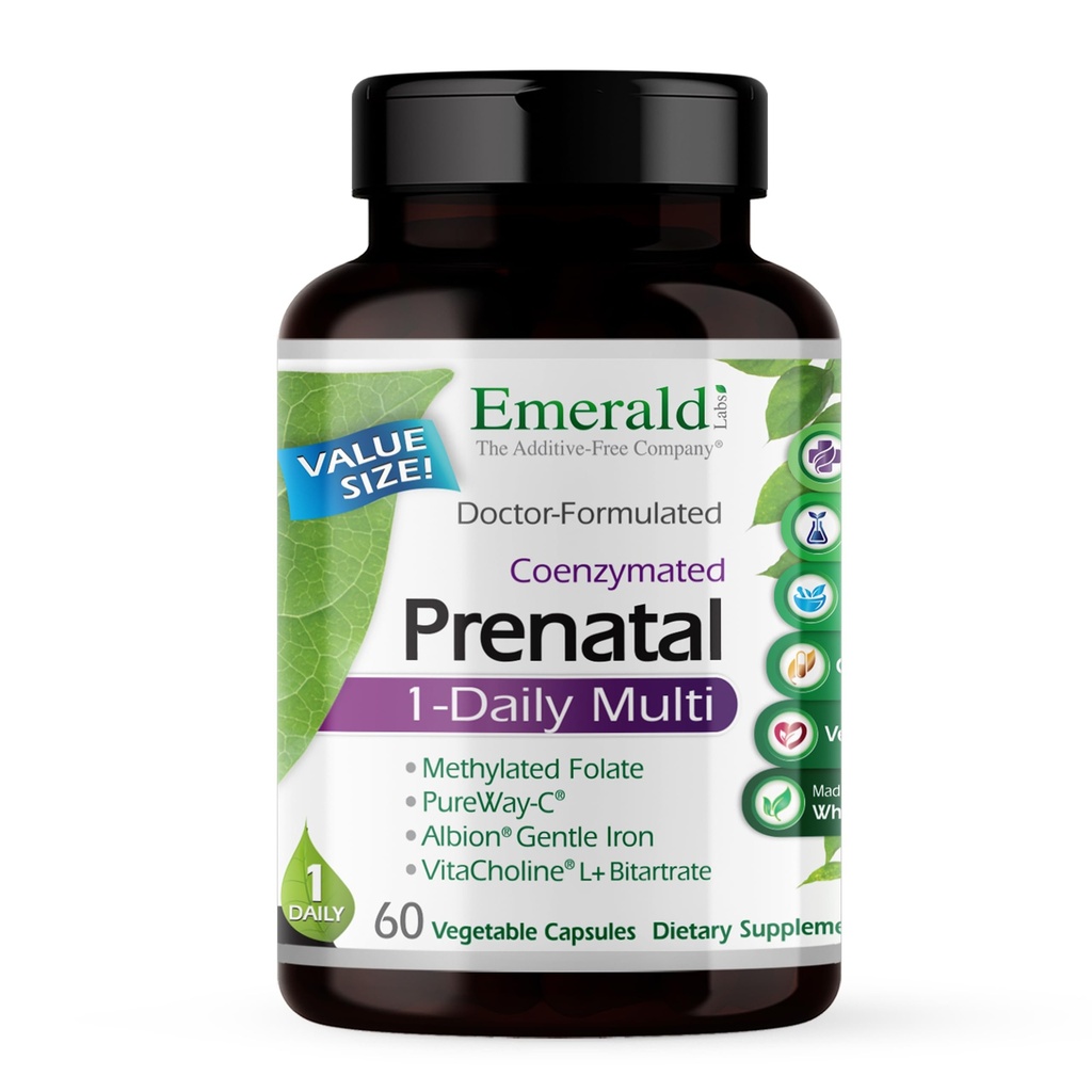 EMERALD LABS Prenatal 1-Daily Multi - Prenatal Multivitamin med Methylated Folate, Iron, Whole-Food Blend & More - Soy-Free, Gluten-Free - 60 Vegetabiliska kapslar