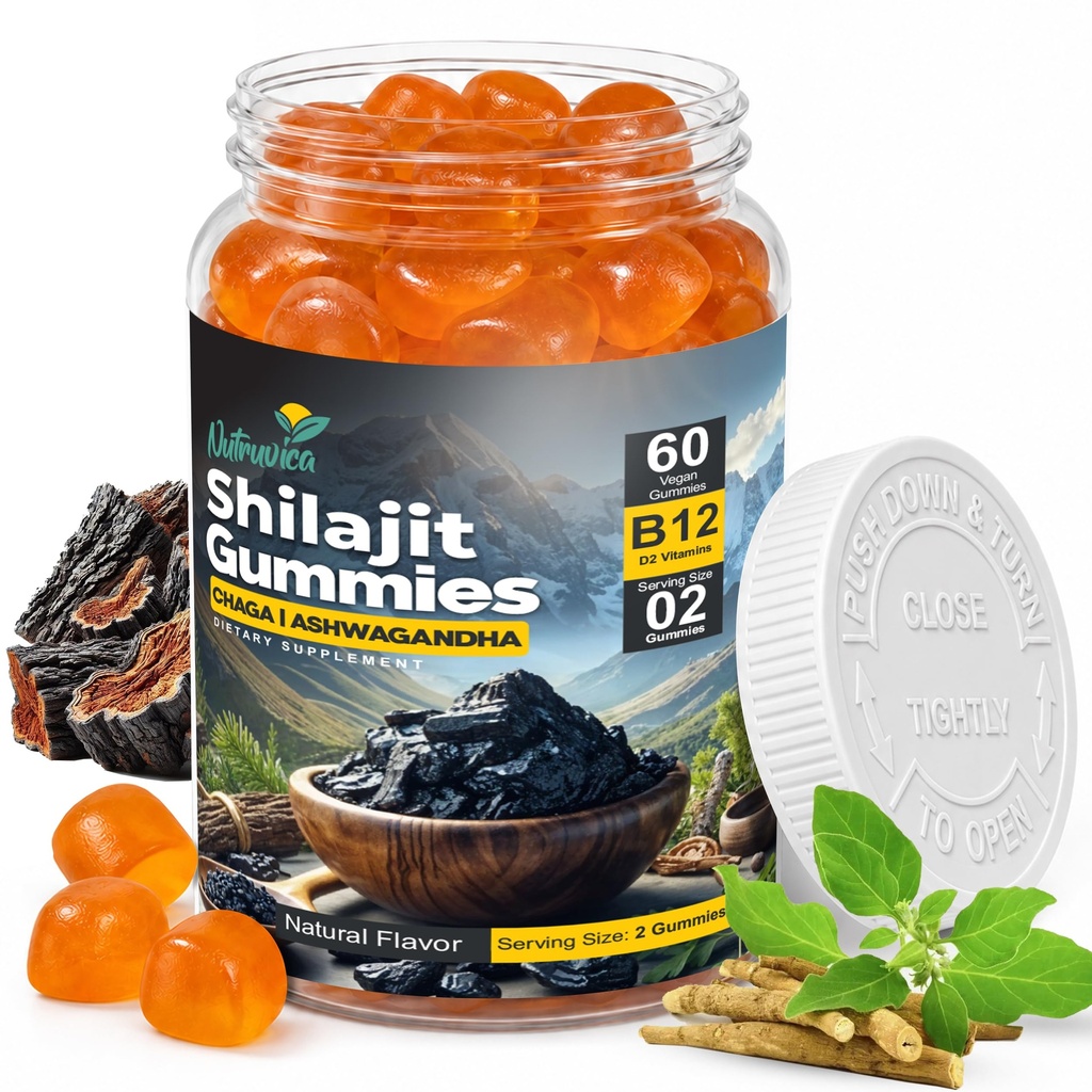 Shilajit Gummies with Chaga, Ashwagandha, Vitamin B12 & Vitamin D2, 60 Vegan Gummies, Daily Dietary Supplement