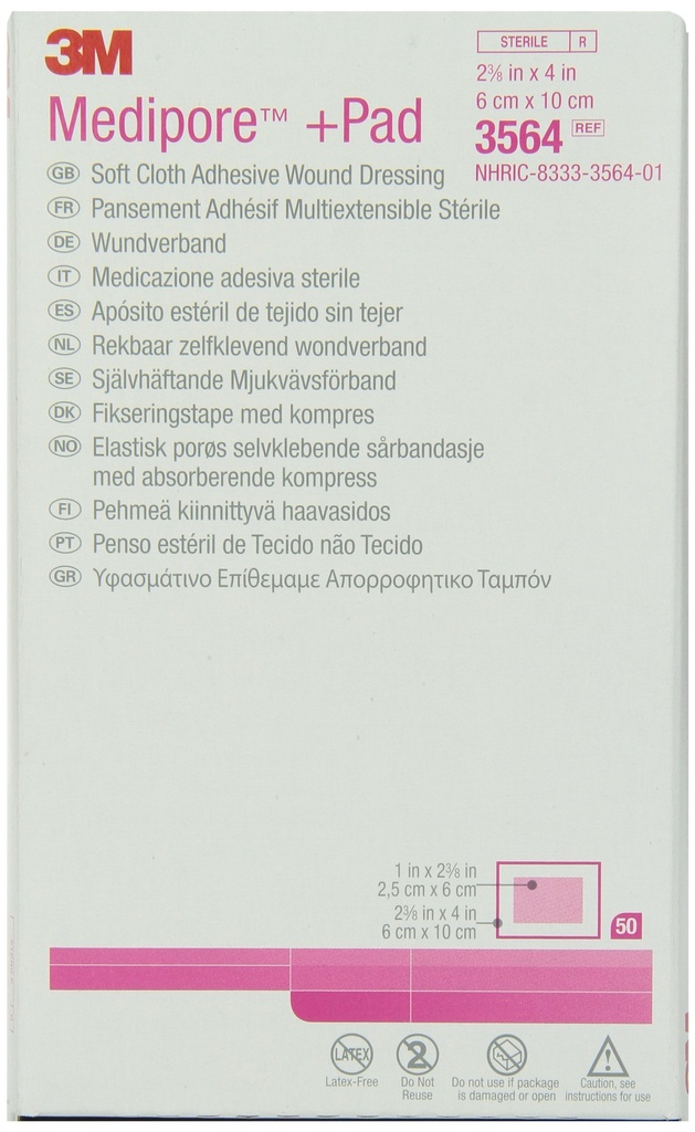 3M Medipore +Pad Soft Cloth Adhesive Wound Dressing 3564, 50 Pads