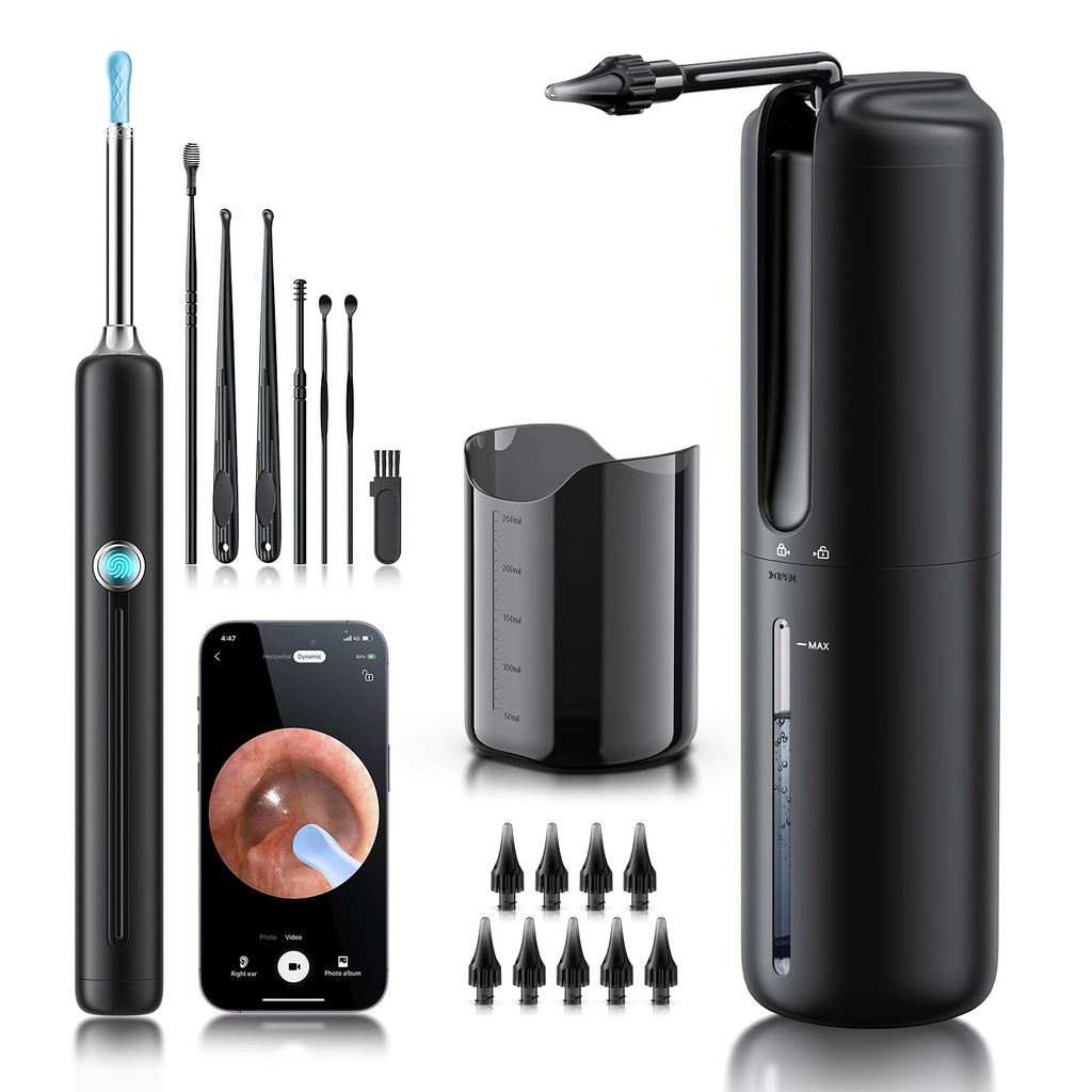 Ear Wax Removal - Elektrisk öronbevattning Flushing System med 4 trycklägen, Ear Cleaner med kamera, 1080P Otoskop, Ear Cleaning Tool med 7 Pcs Ear Set, Säker och effektiv Earwax Removal Kit
