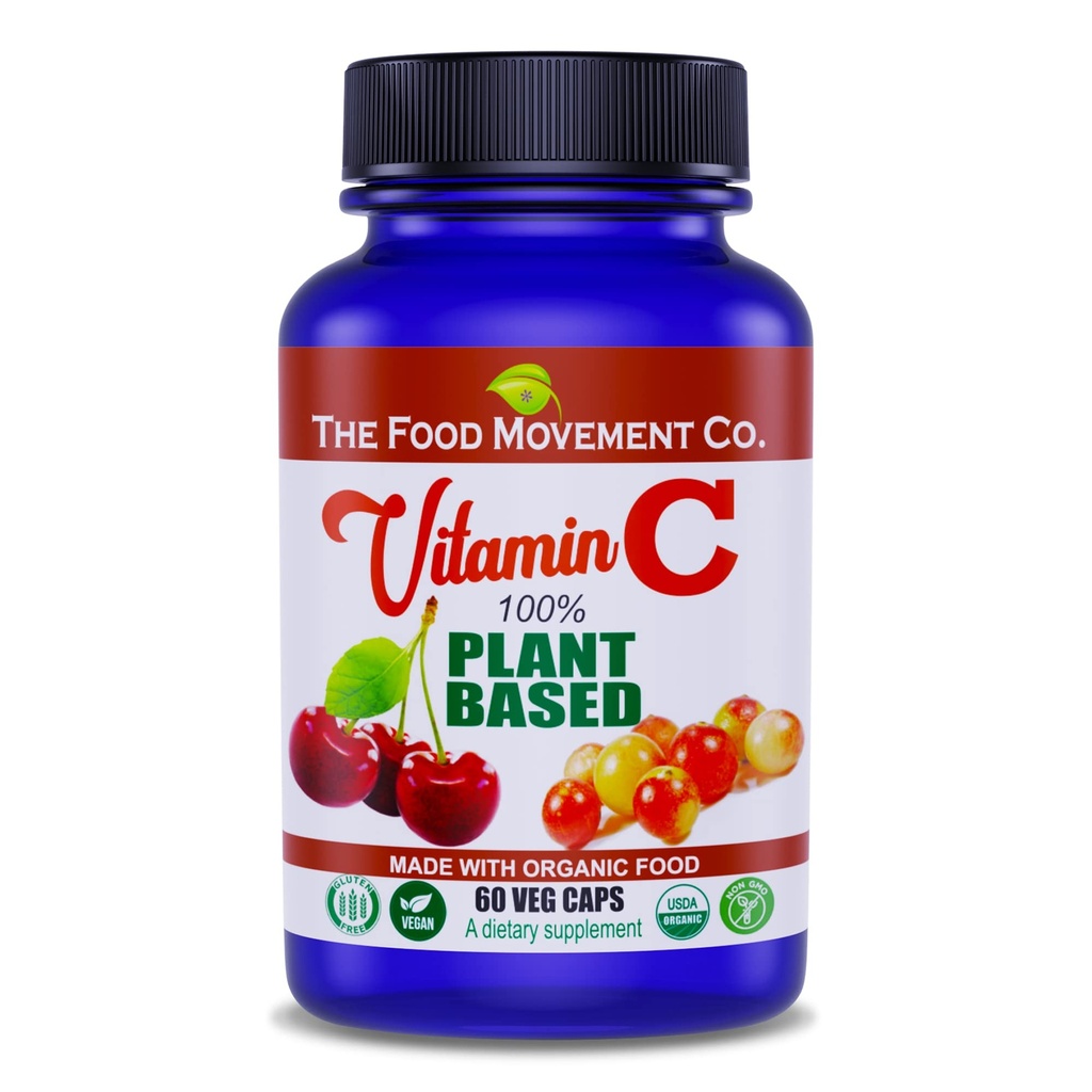FOOD MOVEMENT CO. 100% växtbaserade vitamin C 60 kapslar 125mg - Vuxna immunsystem Antioxidant Support Kosttillskott - Hela livsmedel Vegan Kosttillskott från organiska icke-GMO Glutenfri frukt