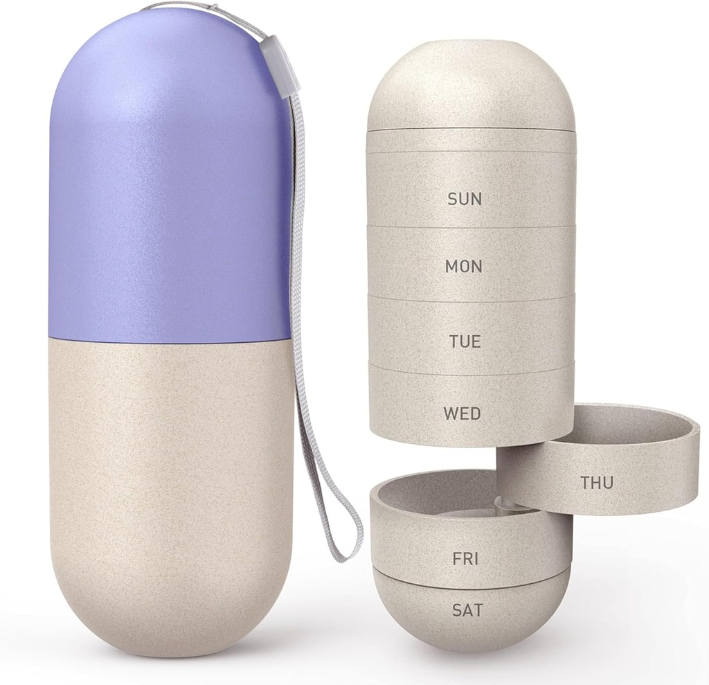 Zannaki Uppgradera Stora Compartment Grain Fiber Moisture Proof Cute Weekly Pill Organizer, Laser Carving Markings, BPA Free Travel Hiking 7 Day Pill Box Case för att hålla piller, vitaminer, fiskolja, tillägg