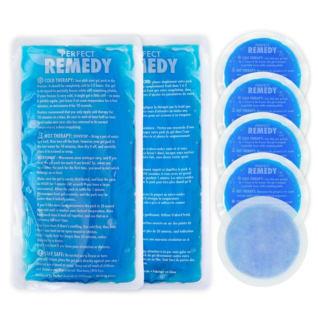 Perfect Remedy Rectangle (Blue, Regular) & Round Gel Ice Pack (5pcs) Bundle, Hot & Cold Ice Packs for Injuries Reusable for Body Tension & Muscle Pain Relief – Soft, Flexible & Adapts to Any Area