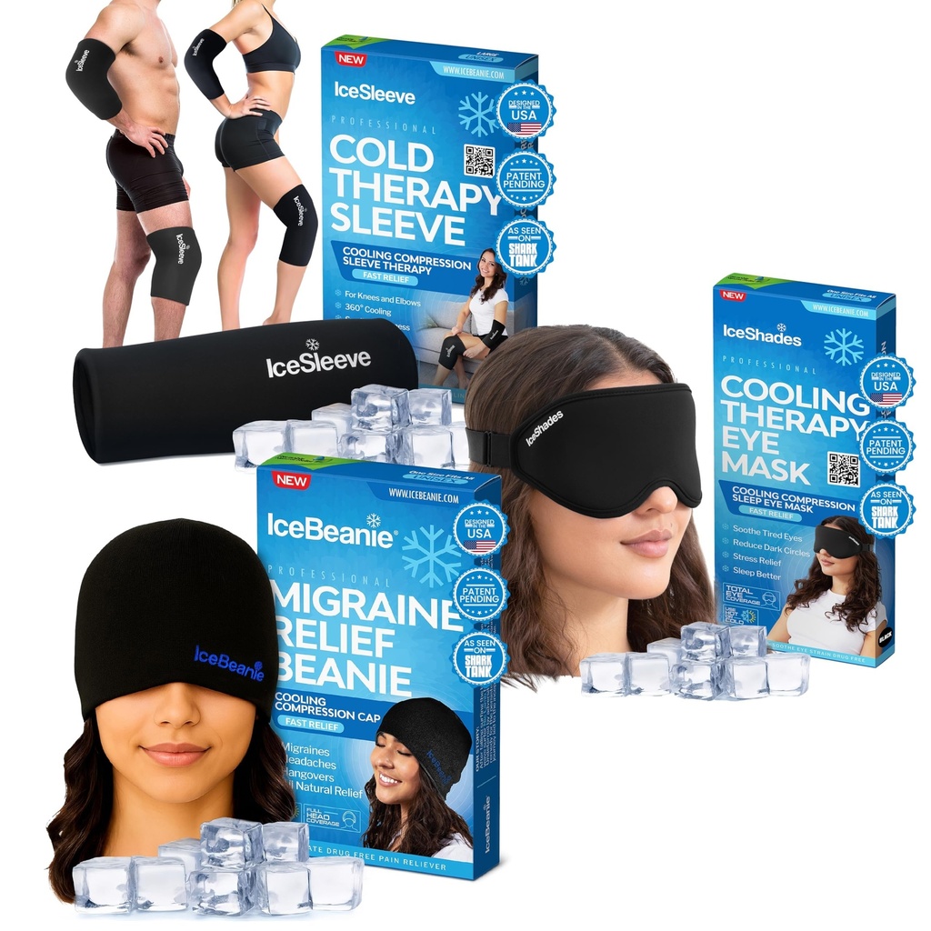 IceBeanie Cold Therapy Bundle with Cap, Eye Mask & Large Ice Sleeve