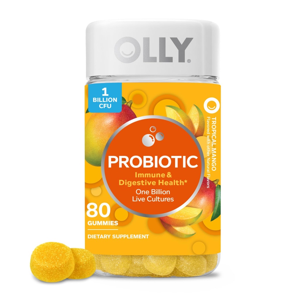 OLLY Probiotic Gummy, Immune System och Digestive Support, 1 miljarder CFU, Chewable Probiotic Supplement, Mango Flavored, 40 Day Supply - 80 Count