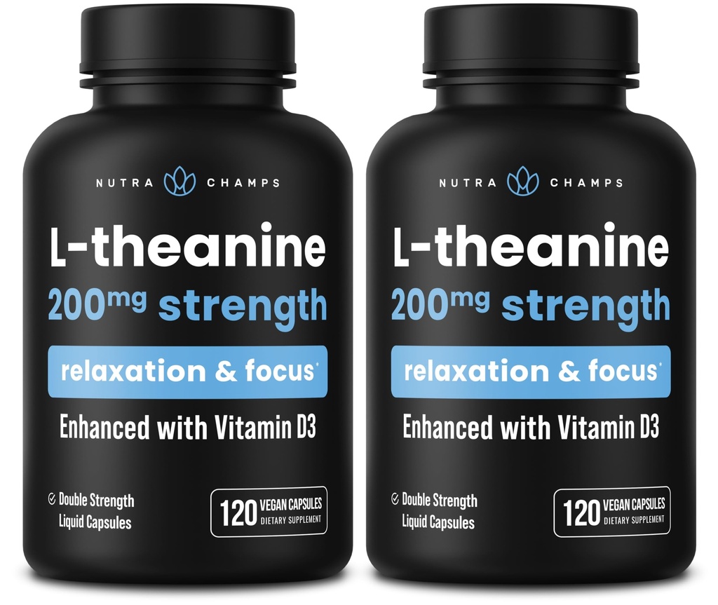 NutraChamps L-Theanine 200mg Capsules, Double-Strength L-Theanine Liquid med vitamin D3, Organic Coconut Oil, 120 Vegan Capsules (Pack of 2)