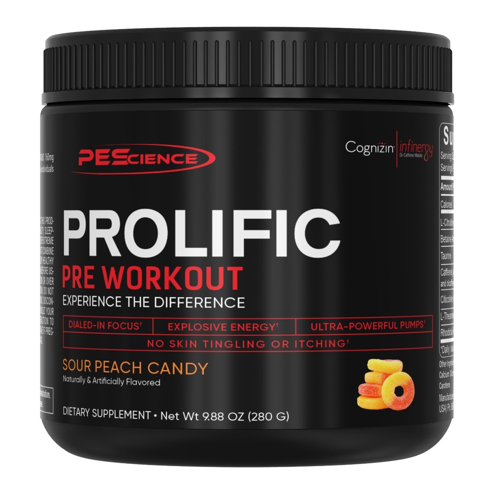 PEScience Prolific Pre Workout Powder for Men & Women with L-Citrulline Nitric Oxide Booster, Energy Powder & Nootropic for Focus – Preworkout Without Beta Alanine – 40 Scoops, Sour Peach Candy
