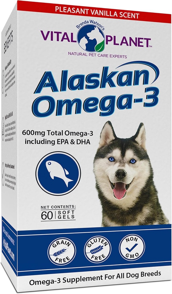 Vital Planet - Alaskan Omega-3 Fiskoljetillskott för hundar med 600mg Omega-3, Hög i DHA och EPA från hållbart skördad vild fångad kall vattenfisk, 60 Vanilla Softgels
