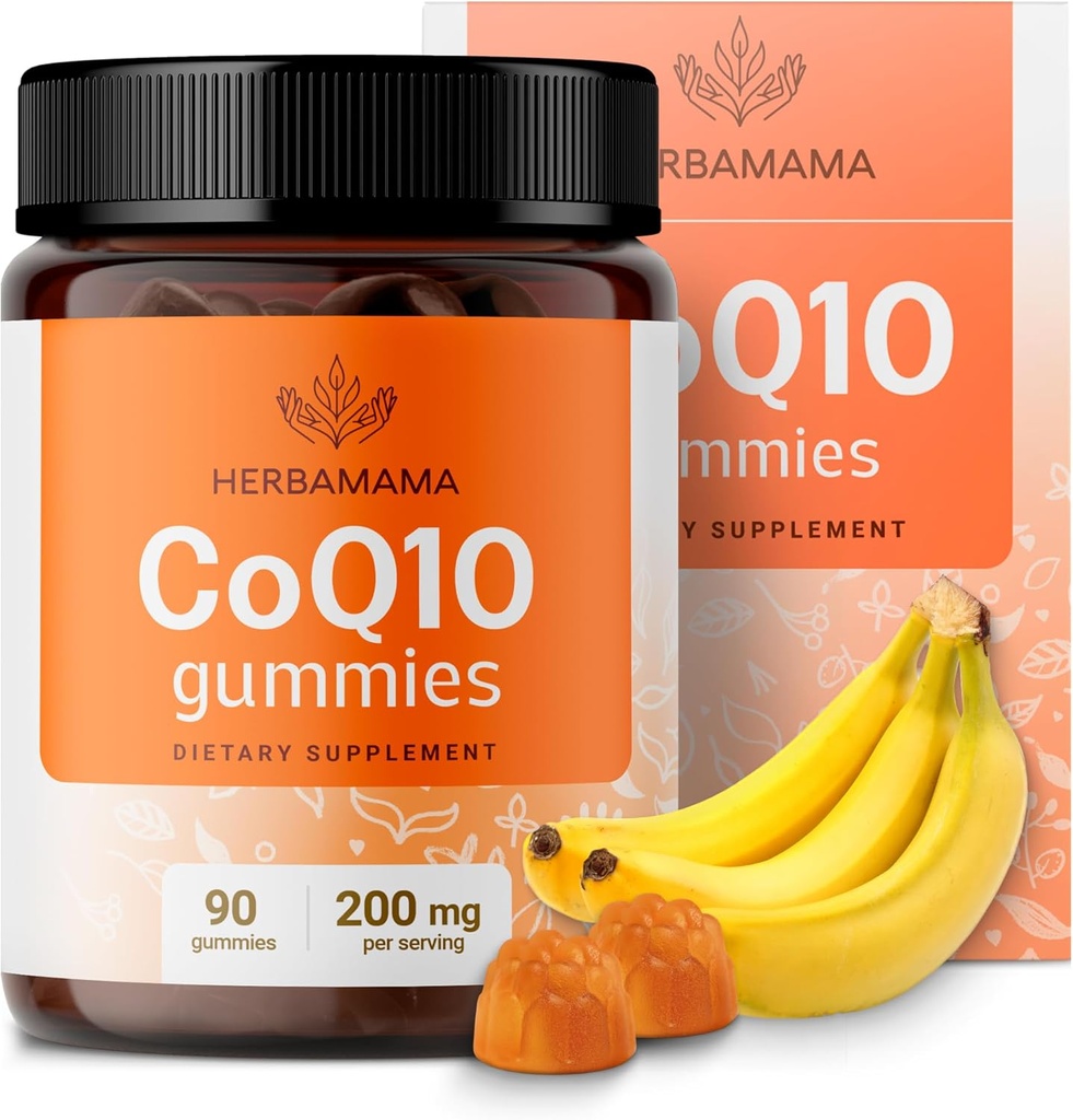 HERBAMAMA CoQ10 Gummies - 200mg Coenzyme Q10 för antioxidantstöd - Vegan, icke-GMO Daily Energy Support Supplement - 90 Pectin-Based Banana-Flavored Chews