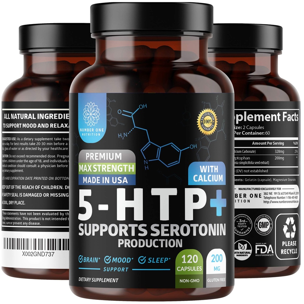 N1N Premium 5-HTP 200mg Plus Calcium, Made from Griffonia Seed Extract, Non GMO and Gluten Free, 120 Caps