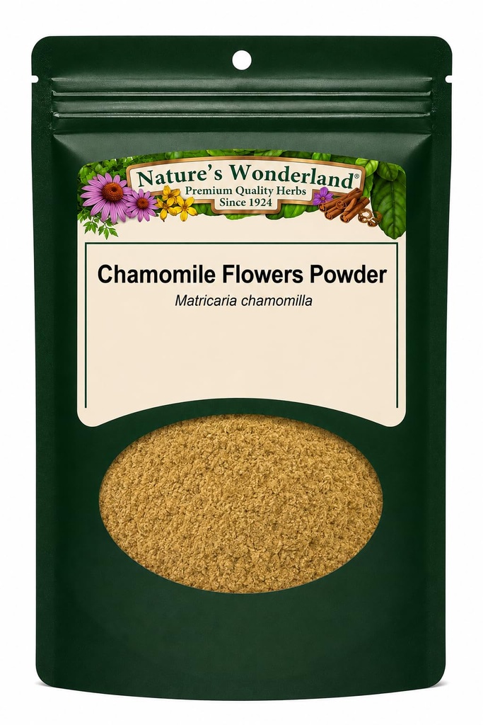 Nature's Wonderland Chamomile Flowers Powder, Wild Harvested Matricaria chamomilla, Finely Ground Botanical Herb for Tea, Baking & DIY Recipes, 1 oz