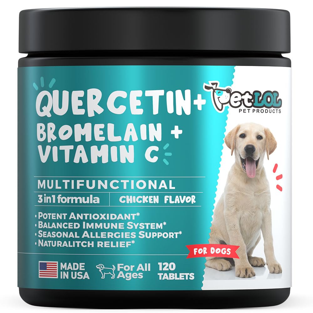 Quercetin för hundar med Bromelain & Vitamin C - Allergy & Itch Relief, Immune & Inflammatorisk Support - 120 Chewable Tablets Made in USA