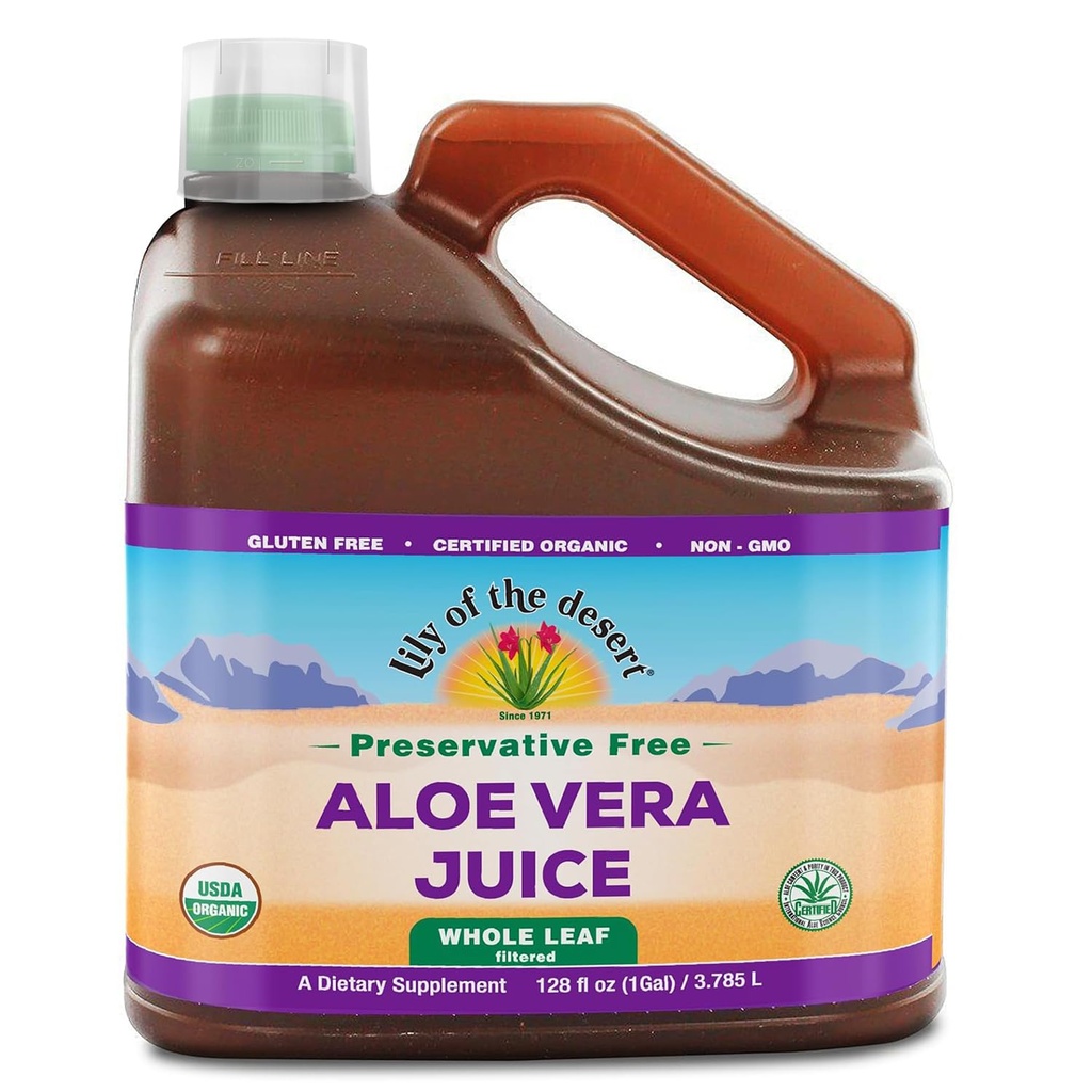 Lily of the Desert Aloe Vera Juice Preservative Free, Whole Leaf Filtered Aloe Vera Drink 128 Fl Oz med Cup