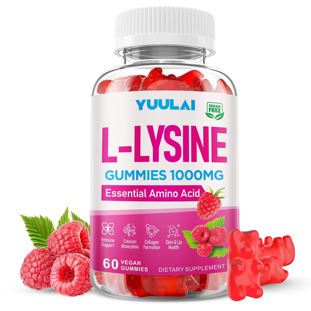 L-Lysine 1000mg Gummies for Adults & Kids, Essential Amino Acid Supplement for Lips & Oral Health, Boost Immune & Collagen & Calcium, Sugar-Free, Raspberry Flavor, 60 Count