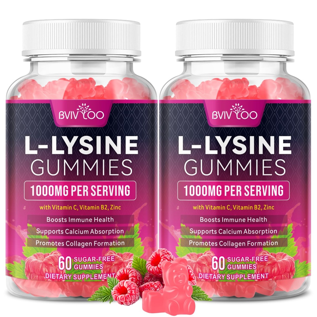 L-Lysine 1000mg Gummies for Immune Support & Skin Health - High Potency Vegan, Sugar-Free, Gluten-Free Supplement with Natural Raspberry Flavor for Adults & Kids - 120 Gummies