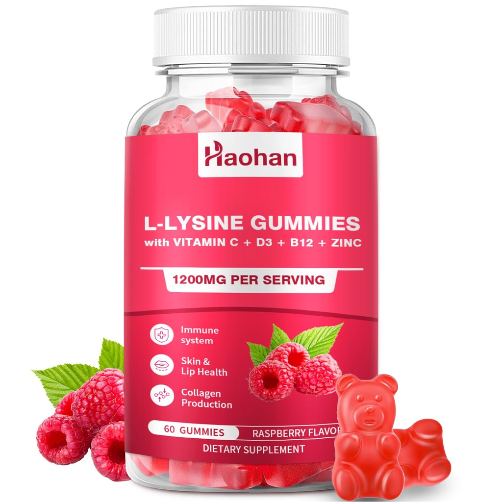 Haohan L-Lysine 1200mg Gummies for Immune Support & Skin Health - High Potency Vegan Gummies, Sugar-Free Raspberry Flavor for Adults & Kids - 60 Count