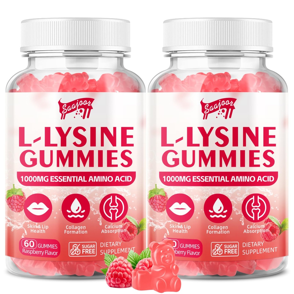 L-Lysine 1000mg Gummies for Immune Support & Skin Health - Vegan, Gluten Free Amino Acid Supplement for Adults, Raspberry Flavor, 120 Gummies