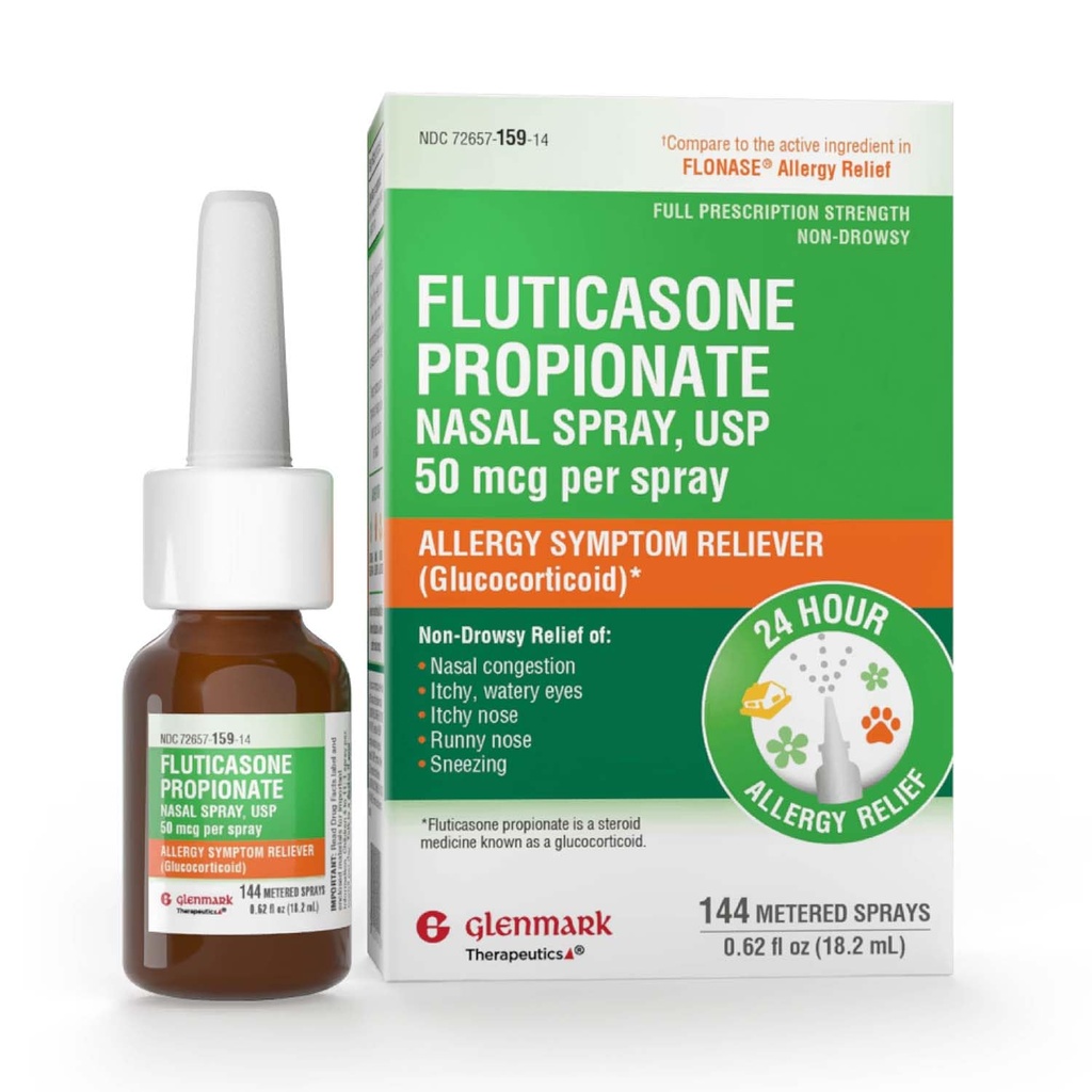 Glenmark Therapeutics Fluticasone Propionate Nasal Spray, USP 50 mcg per Spray, 144 Metered Sprays, 24 Hour Allergy Symptom Reliever, Non-Drowsy
