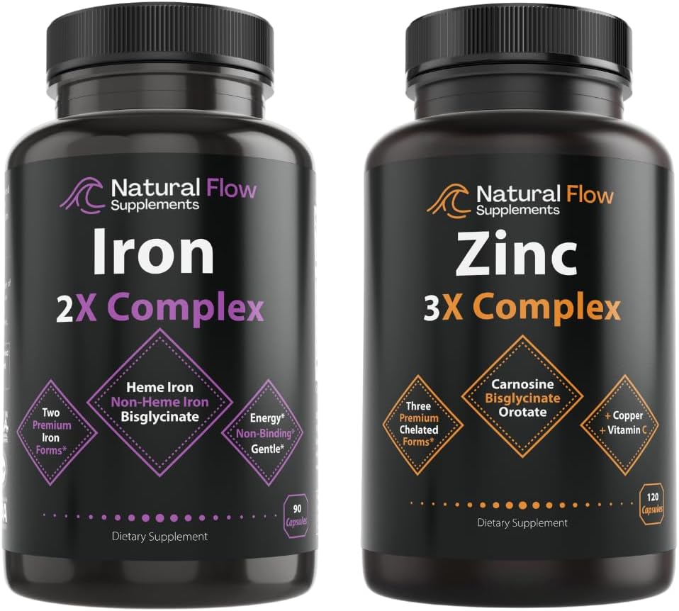 Zink Supplement Komplex med koppar och vitamin C - Naturflöde 3X Zink Carnosine och Järn Supplement 2-i-1 Kompletta Komplex - Naturflöde 2X Heme och Chelated Non Heme Iron Bisglycinate