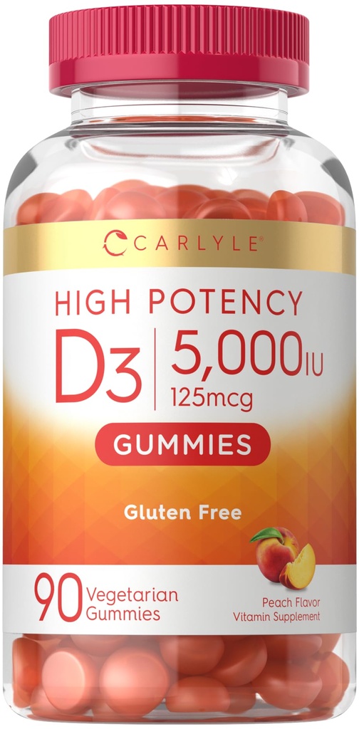 Carlyle Vitamin D3 Gummies | 5000 IU (125 mcg) | 90 Count | High Potency for Adults | Peach Flavor | Vegetarian, Non-GMO, Gluten Free Supplement