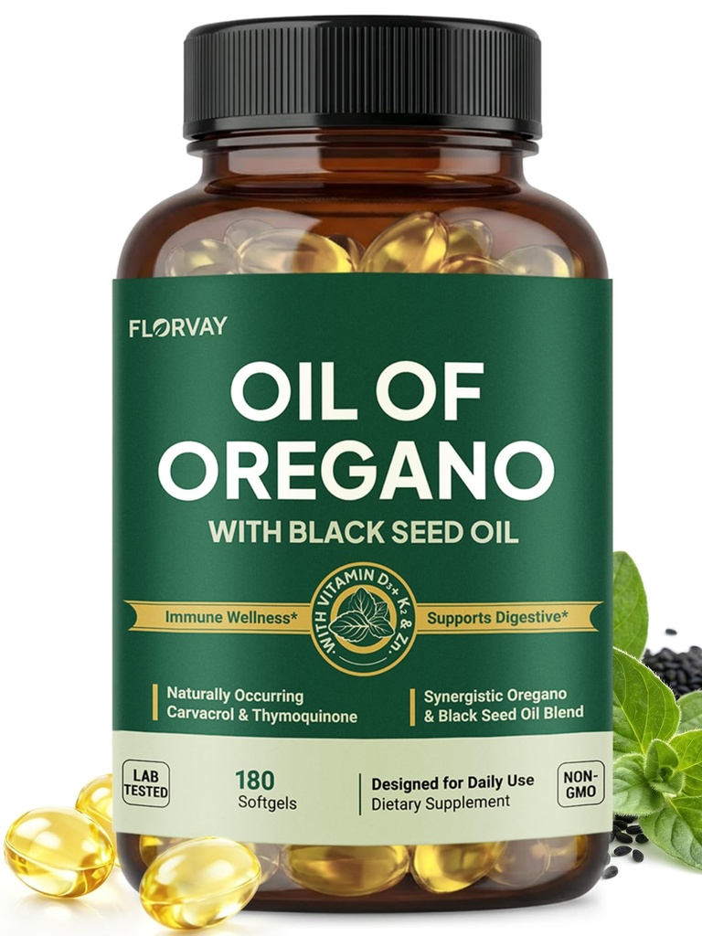 Oil of Oregano with Black Seed Oil Softgels, 5-in-1 Immune Support Formula with Ultra-High Potency Oregano Leaf Extract, 165mg Carvacrol & Thymoquinone, 180 Capsules