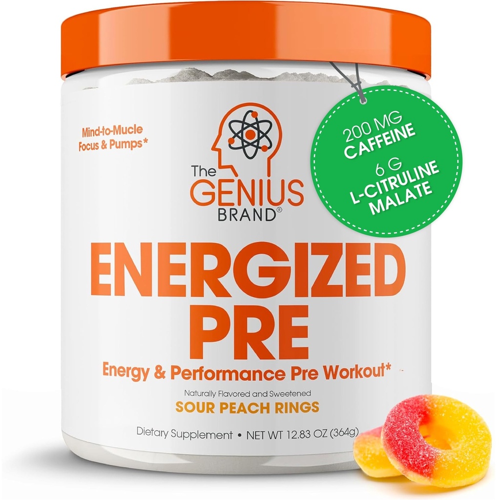 Genius Energized Pre Workout Powder - Koffein Infused Pre-Workout Booster Supplement med Beta Alanine & Alpha GPC, inga konstgjorda sötningsmedel eller färgämnen - 200mg koffein, 20 portioner, Sour Peach Rings