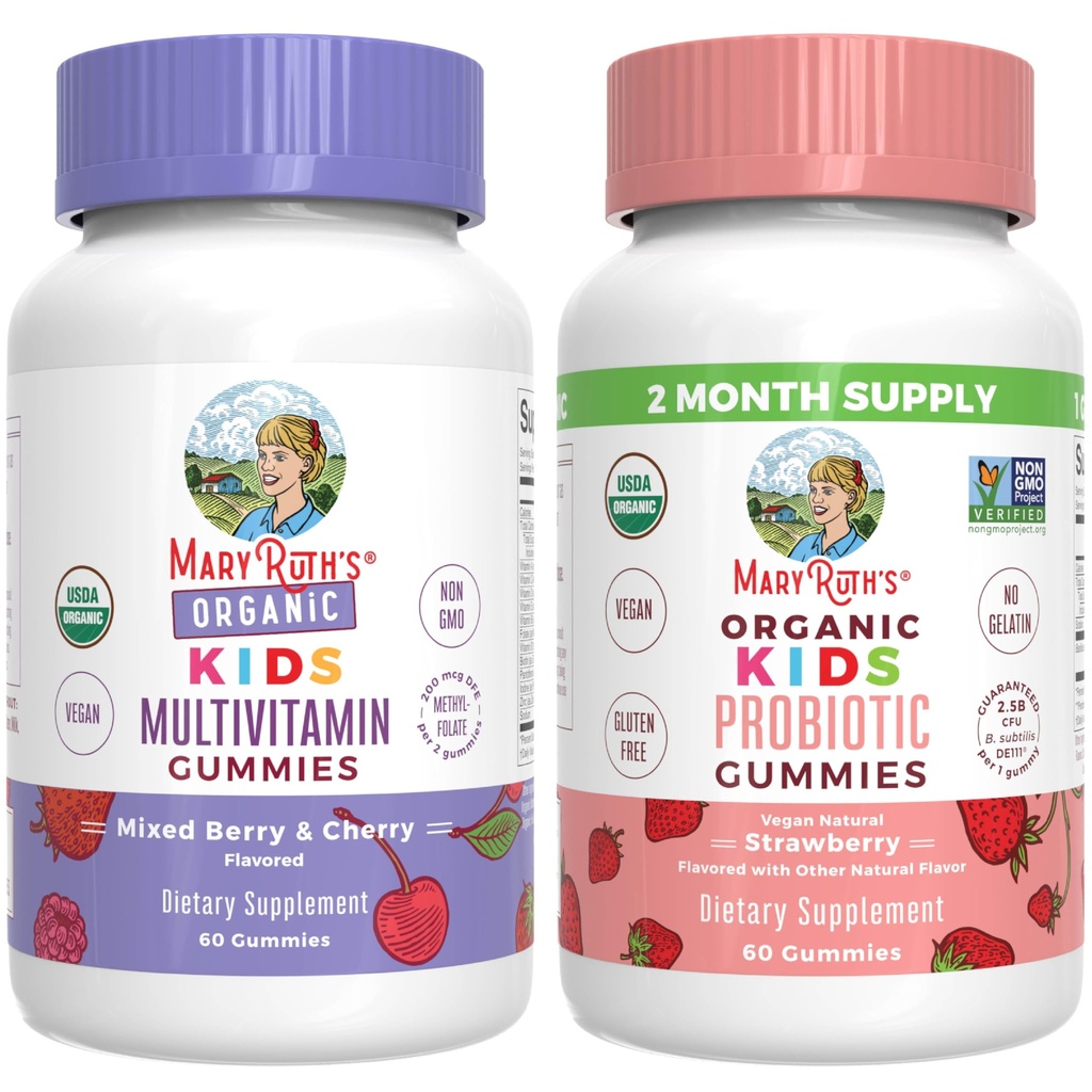 MaryRuth Organics Gummies for Kids-Multivitamin (Mixed Berry & Cherry), & Probiotic (Strawberry) | USDA Organic, No Gelatin! Vitaminer för immunitet, tarmhälsa och övergripande Wellness | Vegan, icke-GMO