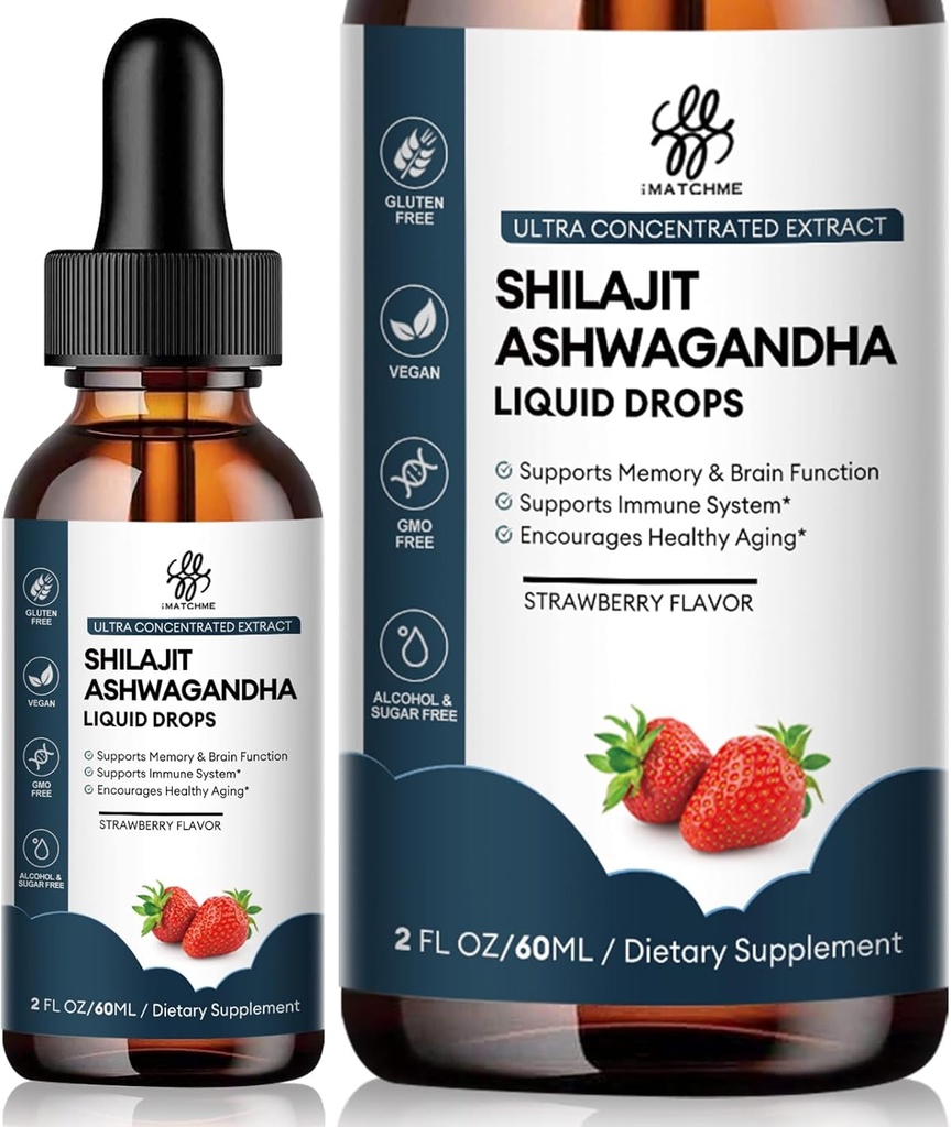 iMATCHME Shilajit Liquid Drop med Ashwagandha för förbättrad energi och immunstöd, Shilajit för Män Energy Booster, Sugar-Free, Strawberry Flavor, 2 Fl Oz