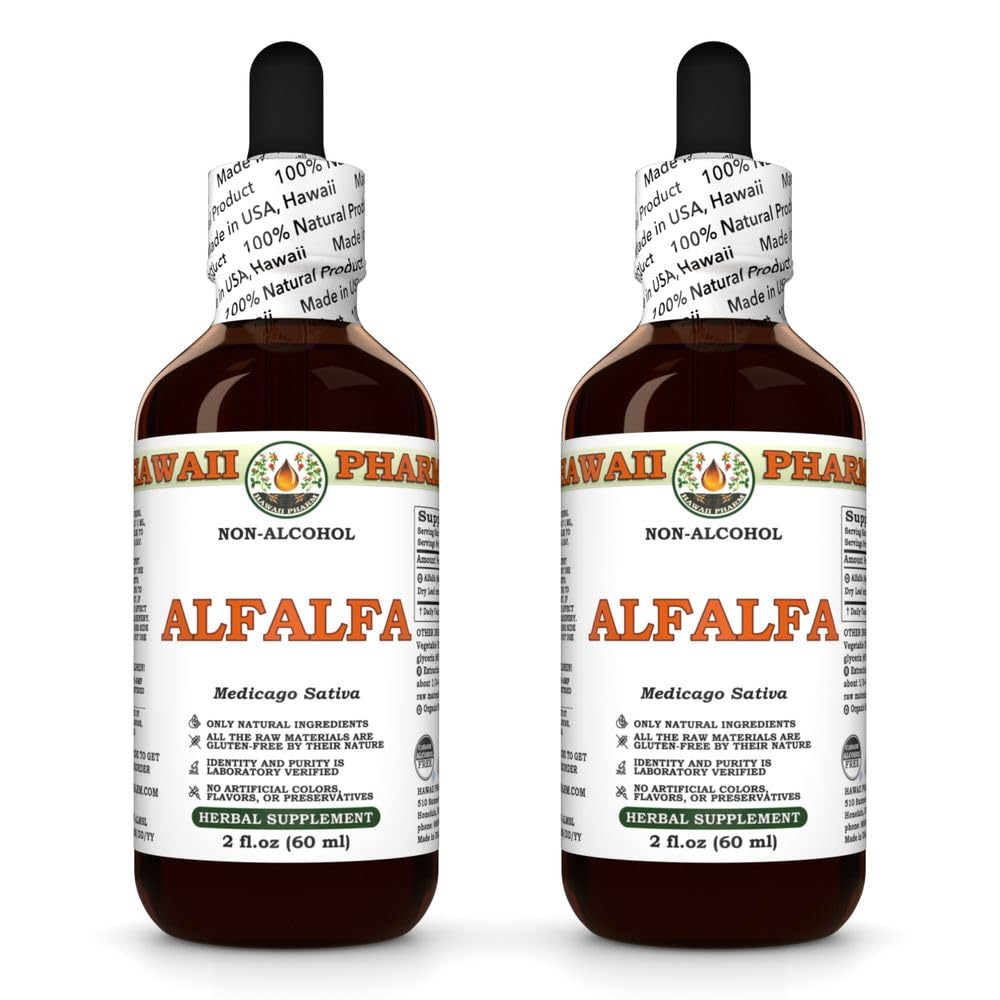 Hawaii Pharm Alfalfa Alcohol-Free Liquid Extract, Alfalfa (Medicago Sativa) Dried Leaf Glycerite Natural Herbal Supplement 2x2 oz