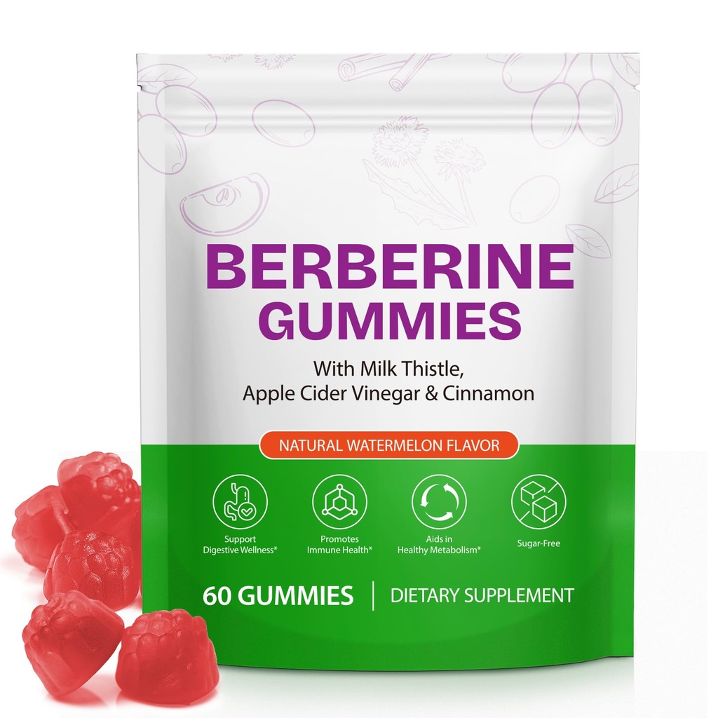 Berberine Gummies with Ceylon Cinnamon - Sugar-Free Supplement for Adults, Supports Immune System & Overall Health, Promotes Men & Women Wellness - 60 Count