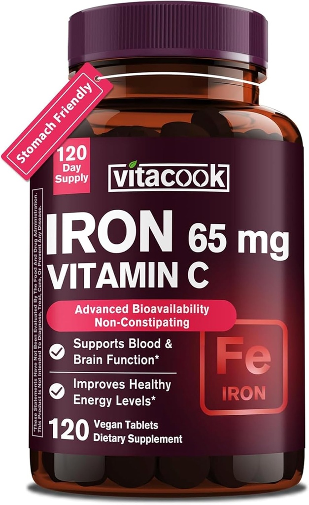 Järntillskott för kvinnor män, hög styrka järn 65mg med vitamin C 250mg, mage vänliga järnpiller för röd blodcell & immunsupport, icke-GMO & Gluten Free,120 Vegan tabletter