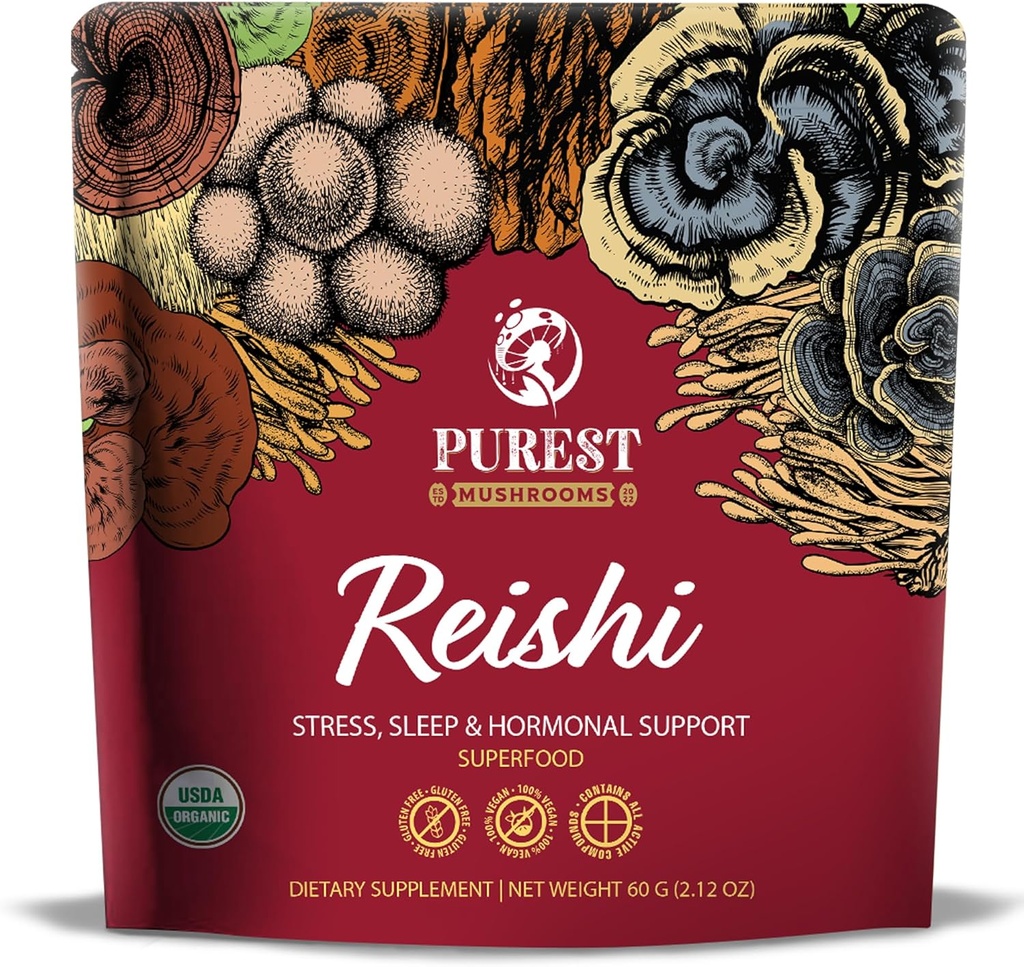 Reishi pulver - organisk svamp extrakt pulver - svamp tillskott för immunstöd, stressavlastning, bättre sömn 60g